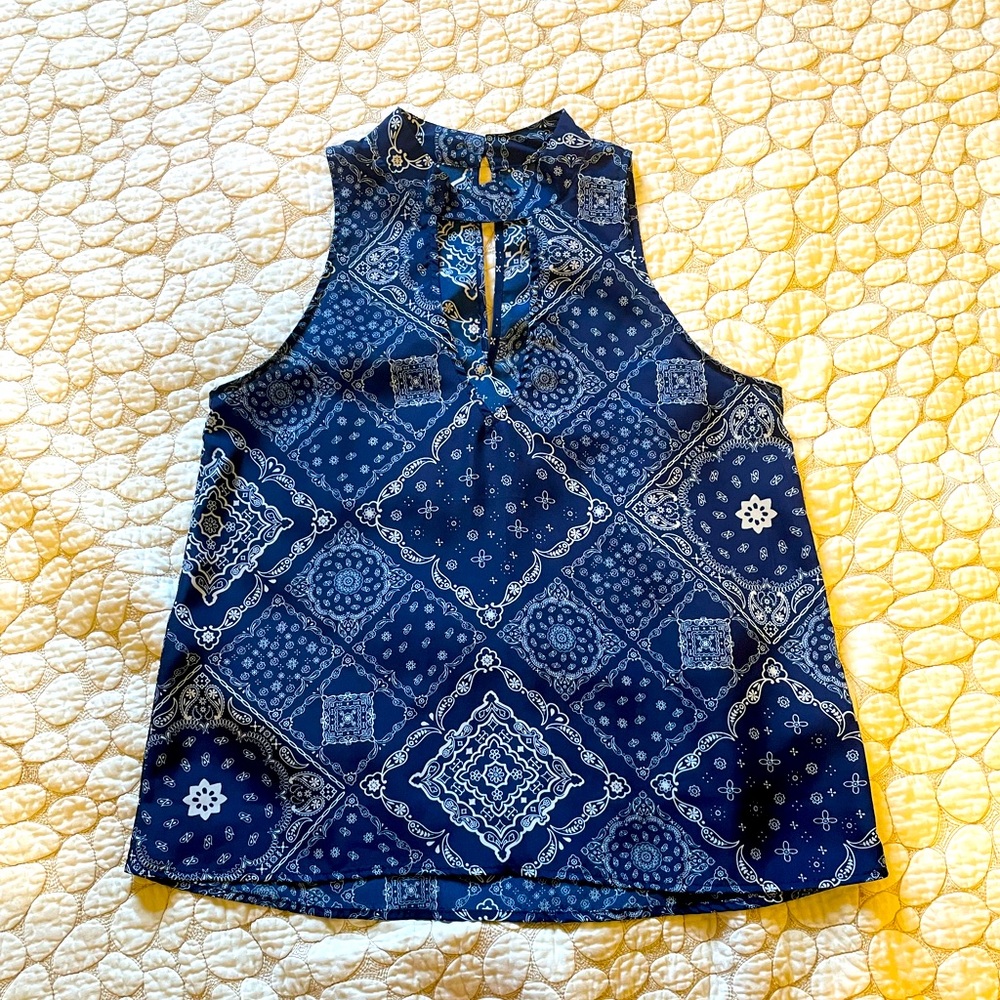 Paisley keyhole sleeveless top - Blue - M